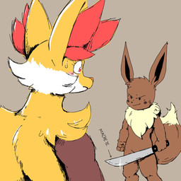 anthro black_nose bodily_fluids brown_body brown_fur brush duo ear_tuft female fluffy fur larger_female lips long_ears machete male melee_weapon muscular nervous orange_body orange_eyes orange_fur pose shocked simple_background size_difference smaller_male smile sweat sweatdrop tan_body tan_fur text tuft weapon white_body white_fur yellow_body yellow_fur jisito nintendo pokemon inti_(jisito) delphox eevee generation_1_pokemon generation_6_pokemon pokemon_(species) 1:1 colored hi_res meme shaded