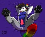 anthro anus biped black_hair black_nose erection feet genitals hair highlights_(coloring) knot looking_at_viewer looking_up lying male paws penis rainbow_colors sex simple_background smile solo spread_legs spreading submissive frenzyfox kris_uchiha canid canine canis mammal wolf 2017