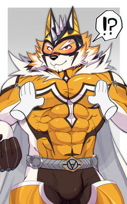 abs anthro blush bulge clothing disembodied_hand duo groping_chest interrobang male mask muscular muscular_anthro muscular_male pecs solo_focus spandex superhero tight_clothing sac_nan lifewonders live_a_hero ryekie_(live_a_hero) felid mammal pantherine tiger absurd_res hi_res