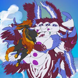 3_fingers 3_heads 3_toes 4_ears 6_areolas 6_arms 6_breasts 6_eyes 6_nipples anthro areola big_breasts black_body black_breasts black_claws black_feathers black_inner_ear black_sclera black_tail blep blue_sky breasts burgundy_body burgundy_ears burgundy_feathers burgundy_hair burgundy_wings claws cloud duo eye_contact feather_hair feathers feet female female_anthro fingers genitals gold_areola gold_areolas gold_insides gold_mouth gold_nipples gold_tongue golden_nipples golden_pawpads hair holding_character huge_breasts larger_anthro larger_female looking_at_another mismatched_genitalia mismatched_vulva mouth_closed multi_arm multi_breast multi_ear multi_eye multi_head multi_limb multi_nipple nipples non-mammal_areolas non-mammal_breasts non-mammal_nipples nude nude_anthro nude_female open_mouth orange_body orange_ears orange_feathers orange_hair orange_tail overweight overweight_anthro overweight_female pawpads pink_claws pseudo_hair purple_areola purple_body purple_eyes purple_feathers purple_insides purple_mouth purple_nipples purple_tongue purple_wings size_difference sky smaller_anthro smaller_female tail toes tongue tongue_out vulva white_body white_breasts white_eyes white_feathers white_inner_ear white_wings winged_arms wings yellow_areola yellow_body yellow_feathers yellow_insides yellow_mouth yellow_nipples yellow_pawpads yellow_tongue untier kayu_(wyldfyrteam) wyrmlet avali avian biblically_accurate_angel absurd_res hi_res female_(lore) herm_(lore)