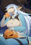 anthro bandage big_breasts breasts clothed clothing costume female female_anthro food fruit hair hat headgear headwear holidays looking_at_viewer non-mammal_breasts piercing plant pumpkin solo lcshian halloween mythology dragon mythological_creature mythological_scalie scalie wingless_dragon hi_res