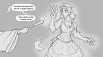 anthro ear_piercing female human_to_anthro magic_user mid_transformation piercing princess royalty solo species_transformation speech_bubble text transformation wand watsup felid human lion mammal pantherine 16:9 2022 digital_drawing_(artwork) digital_media_(artwork) english_text greyscale monochrome widescreen