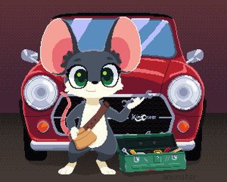 belt big_ears black_nose brown_belt car countershading fur gloves_(marking) green_eyes grey_body grey_fur male markings red_car rodent_tail solo tool_belt toolbox tools vehicle white_body white_fur white_hands wrench anonster mini_cooper mammal mouse murid murine rodent 5:4 digital_media_(artwork) pixel_(artwork) watermark