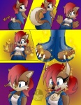 anthro blue_clothing blue_topwear blue_vest breasts brown_body brown_fur cleavage clothed clothing expansion female fur hair navel red_hair scut_tail short_tail tail tail_expansion topwear transformation vest goblinhordestudios archie_comics sega sonic_the_hedgehog_(archie) sonic_the_hedgehog_(comics) sonic_the_hedgehog_(series) sally_acorn canid canine chipmunk ground_squirrel mammal rodent sciurid werechipmunk werecreature wererodent weresciurid comic