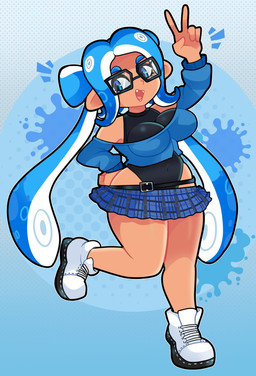 belt black_clothing black_leotard blue_bottomwear blue_clothing blue_eyes blue_hair blue_skirt bottomwear breasts clothing eyewear fangs female footwear gesture glasses glistening glistening_body glistening_skin hair hand_gesture leotard medium_breasts miniskirt navel open_mouth pseudo_hair raised_leg shoes skirt smile solo teeth tentacle_hair tentacles thick_thighs tight_clothing v_sign white_clothing white_footwear white_shoes onigiri_punch nintendo splatoon aquatic cephalopod humanoid mollusk octarian octoling absurd_res hi_res