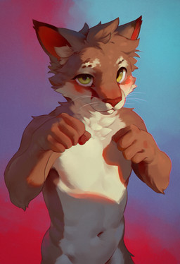 anthro fist fists_together green_eyes looking_at_viewer male navel neck_tuft nude pattern_background simple_background solo tuft kounalix felid feline lynx mammal 2025 hi_res