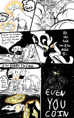 2_horns 6_panel_comic all_fours ambiguous_gender anthro beak biped black_cape black_clothing black_nose black_text bodily_fluids bone cape clothing crying dialogue feathered_wings feathers feral fluffy fluffy_tail gloves group hair handwear holding_object horn mask motion_lines mouth_closed on_ground open_mouth orange_eyes quadruped sharp_teeth skull sound_effects speech_bubble standing tail tail_feathers talking_to_another tears teeth text trio white_text wings zincxiron virmir_(character) avian bear deer mammal moose new_world_deer 2025 absurd_res comic english_text hi_res