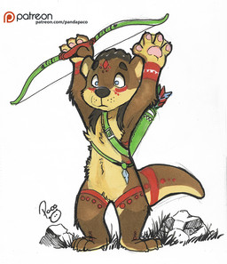 anthro black_hair black_nose blue_eyes bow_(weapon) brown_body brown_fur brown_tail featureless_crotch front_view fur grass hair holding_bow_(weapon) holding_object holding_ranged_weapon holding_weapon logo male markings membrane_(anatomy) mouth_closed navel nude plant quiver_(object) ranged_weapon red_markings rock solo standing tail tan_body tan_fur tan_tail text weapon webbed_hands young young_anthro young_male pandapaco mammal mustelid otter artist_logo full-length_portrait portrait signature url