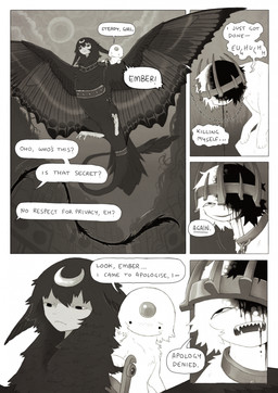 ambiguous_feral ambiguous_gender blood bodily_fluids bound building chain chained collar crescent_(shape) crown detailed_background dialogue expressionless fantasy feathers feral flying forehead_gem gem group headgear implied_suicide insect_wings lepidopteran_wings metal_collar mouth_closed outside scutes sky smile speech_bubble spread_wings tail talking_to_another text trio wings wounded jejejunum european_mythology greek_mythology mythology ember_(jejejunum) secret_(jejejunum) whisper_(jejejunum) avian bird deity dragon fraid_(species) harpy mythological_avian mythological_creature mythological_scalie nethermare scalie 2025 comic digital_drawing_(artwork) digital_media_(artwork) english_description english_text greyscale hi_res monochrome sepia female_(lore) male_(lore)