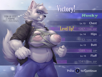 anthro areola belly big_breasts big_nipples bottomwear breast_expansion breasts claws clothing denim denim_bottomwear denim_clothing expansion female gameplay_mechanics grimace huge_breasts huge_nipples implied_gender_transformation implied_transformation jacket jeans level_up nipples pants pink_nipples shirt solo text thought_bubble topwear torn_clothing torn_shirt torn_topwear littlenapoleon husky_(corablue) canid canine canis domestic_dog husky mammal nordic_sled_dog spitz english_text hi_res
