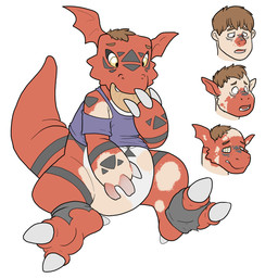 2_toes 3_claws black_markings bread claws clothing eating eyebrows feet food hair male markings mid_transformation red_body red_skin semi-anthro slightly_chubby solo spiral spiral_eyes toes torn_clothing transformation wardrobe_malfunction yellow_eyes blueballs bandai_namco digimon digimon_(species) guilmon human mammal scalie 1:1 hi_res
