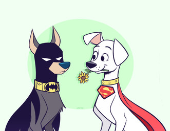 black_cape black_clothing black_mask black_nose cape clothing collar duo feral floppy_ears flower fur holding_flower holding_object male pink_inner_ear plant red_cape red_clothing toony white_body white_fur yellow_collar higglytownhero dc_comics krypto_the_superdog warner_brothers ace_the_bat-hound krypto canid canine canis domestic_dog kryptonian mammal hi_res
