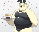 anthro belly blush bow_tie bulge confetti cupcake eyewear fake_ears fake_rabbit_ears food glasses hair male navel overweight overweight_male playboy_bunny playboy_outfit ponytail serving_tray solo thatdouginme lifewonders tokyo_afterschool_summoners leib_(tas) bear mammal polar_bear ursine hi_res