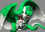 animal_genitalia balls beak black_horn black_knot black_pawpads black_penis bodily_fluids duo erection feathers feral genital_fluids genitals green_body green_feathers horn knot male male/male pawpads penis pink_penis precum sheath size_difference white_body white_feathers venlightchaser mythology avian canid gryphon mammal mythological_avian mythological_creature