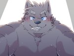 anthro biped black_nose blue_eyes blush candy chocolate dessert food kemono male solo green_bell canid canine mammal 2023 4:3