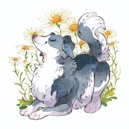 ambiguous_gender dandelion eyes_closed feral flower fur grey_body grey_fur plant simple_background sitting smile solo tail white_background animalk canid canine canis domestic_dog mammal 1:1 2022