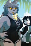 4_fingers anthro beach beverage claws clothing drinking duo female fingers food fruit glass hair lemon lemonade plant red_eyes sand shocked swimwear catkitte panda_(catkitte) ugly_cat_(catkitte) bear domestic_cat felid feline felis giant_panda mammal 2024 digital_drawing_(artwork) digital_media_(artwork) hi_res signature