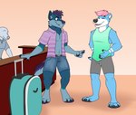 anthro blue_body blue_fur bottomwear clothing duo fur hair hotel inside male open_mouth pink_hair purple_hair shirt shorts smile suitcase topwear weight_gain shikakaka toza yukon bear canid canine canis hybrid mammal wolf series_(disambiguation) absurd_res hi_res