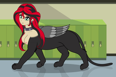 alternative_fashion black_eyeshadow black_hair black_lips black_lipstick blue_eyes breasts collar ear_piercing eyeshadow female feral goth hair hallway lips lipstick locker long_hair makeup multicolored_hair nipples piercing quadruped red_hair solo spiked_collar spikes two_tone_hair wings badumsquish equestria_girls hasbro my_little_pony mythology sunset_shimmer_(eg) felid mammal mythological_creature mythological_sphinx hi_res