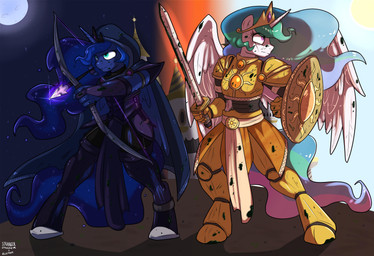 anthro anthrofied armor arrow_(weapon) blue_body blue_eyes blue_fur blue_hair bow_(weapon) clothing duo feathered_wings feathers female fur hair holding_melee_weapon holding_object holding_sword holding_weapon horn melee_weapon multicolored_hair purple_eyes ranged_weapon shield sword weapon white_body white_fur wings strangerdanger velexane friendship_is_magic hasbro my_little_pony mythology princess_celestia_(mlp) princess_luna_(mlp) equid equine mammal mythological_creature mythological_equine winged_unicorn 2015 absurd_res artist_collaboration hi_res sibling_(lore) sister_(lore) sisters_(lore)
