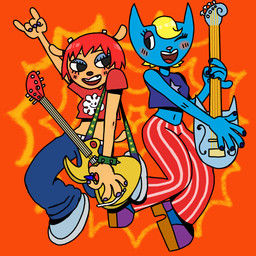 bass_guitar blonde_hair blue_body blue_fur clothed clothing crop_top duo electric_guitar female fur guitar hair midriff musical_instrument navel orange_body orange_fur plucked_string_instrument red_hair shirt string_instrument topwear parappa_the_rapper sony_corporation sony_interactive_entertainment um_jammer_lammy katy_kat lammy_lamb bovid caprine domestic_cat felid feline felis mammal sheep 1:1