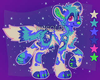 advertisement ambiguous_gender blue_body blue_fur feral fur green_nose pink_eyes smile solo sparklefur sparkles m1ss1ngtexture african_wild_dog canid canine mammal 2025 hi_res model_sheet watermark
