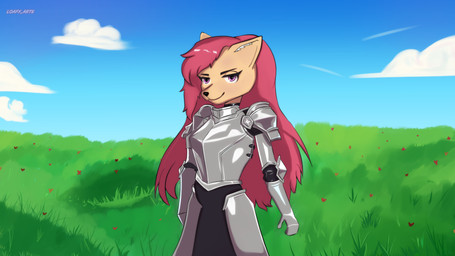 anthro armor brown_body brown_fur closed_smile clothed clothed_female clothing cloud ears_up eye_contact eyelashes eyeshadow female field flower flower_field front_view fur gesture glistening glistening_eyes hair inner_ear_fluff knight leaf looking_at_another looking_at_viewer makeup medieval mouth_closed pink_hair plant purple_eyes rose_(flower) simple_background sky skyscape smile solo standing sunny text tuft warrior loafy_arts 16:9 digital_media_(artwork) english_text hi_res shaded widescreen