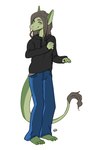 4_toes 5_fingers anthro barefoot biped black_clothing black_sweater black_topwear blep bottomwear clothed clothing denim denim_bottomwear denim_clothing feet fingers fully_clothed jeans pants pink_tongue simple_background smile solo standing sweater toes tongue tongue_out topwear white_background yellow_eyes kaitycuddle lizard reptile scalie 2021 digital_media_(artwork)