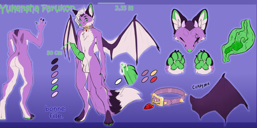 anthro collar foreskin genitals male organs paws penis solo stomach text wings bonnefille mythology yukensha canid canine dragon fox hybrid mammal mythological_creature mythological_scalie scalie absurd_res english_text hi_res model_sheet
