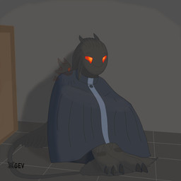 3_toes anthro claws clothed clothing feet floor grey_body grey_claws male orange_eyes red_sclera shawl sitting solo tail tail_tuft tile tile_floor toes tuft gev_ai avali 1:1 full-length_portrait hi_res portrait shaded soft_shading