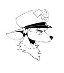 ambiguous_gender anthro black_nose chest_tuft clothing hammer_and_sickle hat headgear headwear military_cap pixelated serious simple_background solo tuft tanakagundam deer mammal 2022 black_and_white bust_portrait hi_res monochrome portrait