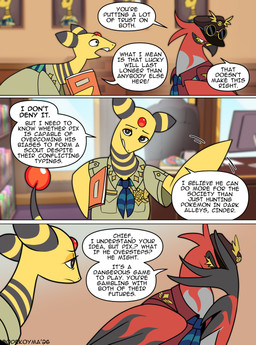 ambiguous_gender anthro aviator_cap aviator_goggles badge dialogue duo eyes_closed facepalm harmony_scarf holding_object speech_bubble text odeko-yma nintendo pokemon pokemon_mystery_dungeon spike_chunsoft captain_cinder_(odeko-yma) ampharos generation_2_pokemon generation_6_pokemon pokemon_(species) talonflame 2026 absurd_res comic digital_media_(artwork) english_text hi_res signature