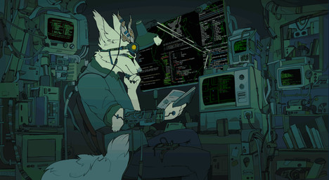 animated_gif anthro biped clothed clothing cybernetics cyberpunk detailed_background fur green_eyes horn inside machine male sitting solo technology text white_body white_fur jeanwoof mishcat mammal 2018 animated digital_media_(artwork) loop short_playtime