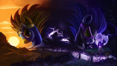 amber_eyes duo eyewear female goggles hair looking_at_viewer moon multicolored_hair smile sun two_tone_hair tsitra360 friendship_is_magic hasbro my_little_pony nightshade_(mlp) shadowbolts_(mlp) spitfire_(mlp) wonderbolts_(mlp) equid equine horse mammal pony 16:9 2012 hi_res widescreen