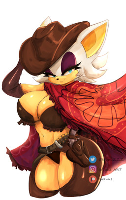 anthro big_breasts bikini_cowgirl breasts chaps cleavage clothed clothing cowboy_hat eyelashes eyeshadow female gun handgun hat headgear headwear holster instagram_logo looking_at_viewer makeup navel pancho patreon_logo ranged_weapon revolver smile solo text twitter_logo underwear weapon branuzzz instagram patreon sega sonic_the_hedgehog_(series) twitter rouge_the_bat bat mammal artist_name