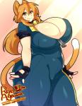 abstract_background amber_eyes bell big_breasts blonde_hair breasts cat_tail cleavage clothed clothing collar female fingerless_gloves fur gloves hair handwear huge_breasts jumpsuit long_hair looking_at_viewer orange_body orange_fur simple_background slightly_chubby smile solo thick_thighs unzipped white_body white_fur zipper zipper_jumpsuit ryo_agawa animal_humanoid cat_humanoid domestic_cat felid felid_humanoid feline feline_humanoid felis humanoid mammal mammal_humanoid tabby_cat 2014 digital_media_(artwork)