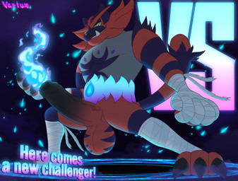animal_genitalia animal_penis anthro ball_markings balls big_balls big_penis bottomwear claws clothing erection eyebrows feet fighting_pose fingers fire fireball foreskin fur genital_markings genitals glowing glowing_eyes hair hand_wraps huge_penis humanoid_genitalia humanoid_penis leg_wrap looking_at_viewer magic male markings muscular muscular_male pecs penis pose presenting raised_eyebrow red_body red_fur rune simple_background smile solo sparks standing striped_markings stripes tail teeth text toe_claws vein wraps conditional_dnp varium capcom nintendo pokemon street_fighter street_fighter_6 varium_(character) felid feline generation_7_pokemon humanoid incineroar mammal pokemon_(species) digital_media_(artwork) hi_res