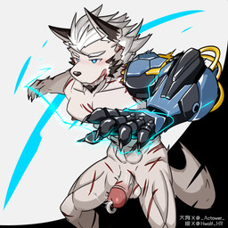 anthro cybernetic_arm cybernetic_limb cybernetics electricity genitals humanoid_genitalia humanoid_penis machine male penis solo hwolfhr actower_(actower) canid canine canis cyborg domestic_dog mammal 1:1