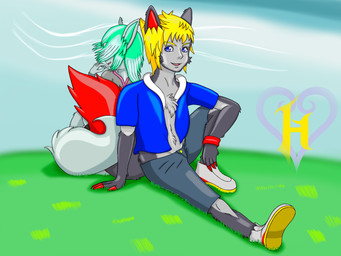 anthro belly blonde_hair blue_eyes clothed clothing duo fluffy fluffy_tail footwear fur grass green_hair grey_belly grey_body grey_fur hair hill looking_at_viewer multicolored_hair open_mouth outside plant romantic romantic_couple shoes tail two_tone_hair white_hair wind khblacky97 canid canine fox mammal 4:3 hi_res