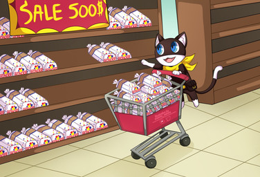 anthro belt black_body black_fur blue_eyes bread chibi detailed_background fangs food fur groceries grocery_shopping grocery_store kerchief male markings mask shitpost shopping shopping_cart solo tail tail_markings teeth text white_body white_fur yellow_kerchief sk3tchysakuraa atlus megami_tensei murrlogic1 persona_(series) persona_5 sega wonder_bread morgana_(persona) domestic_cat felid feline felis mammal tuxedo_cat colored english_text hi_res meme