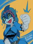 anthro blue_eyes blue_sclera breasts eyelashes female hand_on_hip non-mammal_breasts open_mouth sharp_teeth smile solo teeth captainkirb doubutsu_sentai_zyuohger super_sentai sela fish marine shark absurd_res hi_res