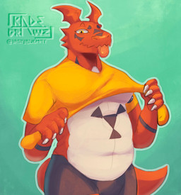 anthro belly clothed clothing clothing_lift looking_at_viewer male male/male markings multicolored_body overweight presenting shirt shirt_lift solo tongue tongue_out topwear undressing undressing_self kadedrawz bandai_namco digimon digimon_(species) guilmon scalie hi_res