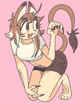 ahoge arm_hair big_eyes body_hair bottomwear breasts brown_bottomwear brown_clothing brown_eyes brown_hair brown_shorts cat_smile clothing colored_nails ears_up eyelashes fangs female hair hairy_feet leg_hair midriff nails pink_background pose red_mouth shorts simple_background smile solo tail tail_tuft teeth topwear tuft white_clothing white_topwear farfin animal_humanoid cat_humanoid felid felid_humanoid feline feline_humanoid humanoid mammal mammal_humanoid digital_media_(artwork)