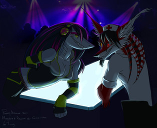 anthro duo_focus electronics female group hair headphones inside light_from_below lights multicolored_hair nightclub red_cross sharp_teeth teeth pegibruno lapfox_trax mayhem_(renard) renard_queenston aquatic canid canine fish fox mammal shark