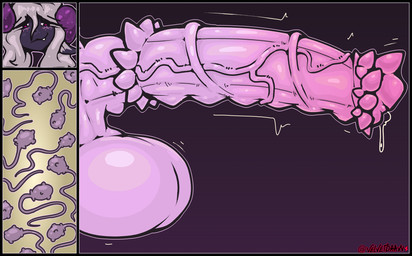 anthro big_penis black_border blush bodily_fluids border broken_horn cum fertility_analysis flared_penis genital_fluids genitals gynomorph hair horn huge_penis intersex long_hair penis precum solo spiked_penis spikes spikes_(anatomy) throbbing throbbing_penis toothy_grin unusual_anatomy unusual_genitalia unusual_sperm_cell vein veiny_penis velvetdraw mythology mox_(jund_wabbit) dragon goo_creature mythological_creature mythological_scalie scalie hi_res