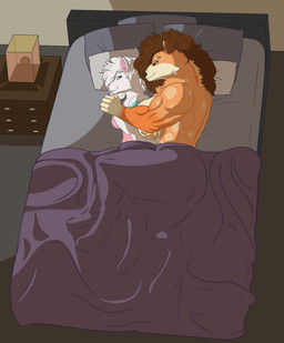 anthro bed bedding big_breasts blanket blue_eyes breast_squish breasts brown_hair cuddling duo female fur furniture hair hand_holding high-angle_view lamp leg_over_thigh light_source long_hair looking_back lying lying_on_bed muscular muscular_female nude on_bed orange_body orange_fur pink_nose small_breasts squish white_body white_fur white_hair crispymutton canid canine mammal absurd_res colored hi_res