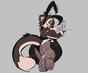 alcohol anthro beverage big_butt black_body black_clothing black_eyes black_fur black_nose bunny_costume butt champagne clothing costume cuffs_(clothing) dipstick_tail eyebrows fake_ears fake_rabbit_ears femboy fishnet_clothing fishnet_legwear flirting_look fluffy fluffy_tail fur grey_background half-closed_eyes holding_platter huge_butt legwear looking_at_viewer looking_back looking_back_at_viewer male male_anthro markings multicolored_body multicolored_fur narrowed_eyes neck_tuft pawpads pink_inner_ear platter playboy_bunny pupils raised_leg rear_view simple_background solo tail tail_markings torn_clothing torn_fishnet_clothing tuft white_body white_eyebrows white_fur white_pupils wide_hipped_anthro wide_hipped_male gelboretsu oreo_(gelboretsu) aquatic cetacean dolphin domestic_cat felid feline felis hybrid mammal oceanic_dolphin orca toothed_whale 2026 absurd_res hi_res portrait