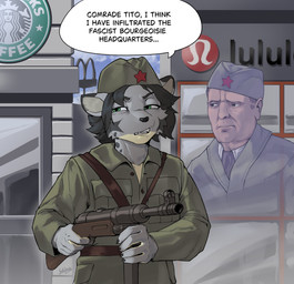 anthro black_hair building clothing communism fascism green_eyes gun hair male military military_uniform politics ranged_weapon red_star sabotage short_hair soldier spy submachine_gun text uniform warrior weapon yugoslavia fanteliscio cold_war starbucks josip_broz_tito felid human mammal pantherine snow_leopard absurd_res english_text hi_res