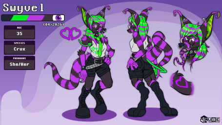 accessory anthro biped black_body black_fur bottomwear bracelet breasts clothed clothed_female clothing collar digitigrade ear_piercing eyewear facial_piercing female female_anthro front_view fur glasses green_hair hair hand_on_hip jewelry long_hair long_tail long_tongue markings medium_breasts necktie nose_piercing pawpads piercing purple_eyes purple_markings rear_view septum_piercing shirt shorts simple_background slim smile smiling_at_viewer solo spiked_bracelet spiked_collar spikes standing striped_body striped_fur striped_markings striped_tail stripes tail tail_markings tapering_tail text tongue tongue_piercing topwear drqube crux 16:9 absurd_res hi_res model_sheet portrait url widescreen