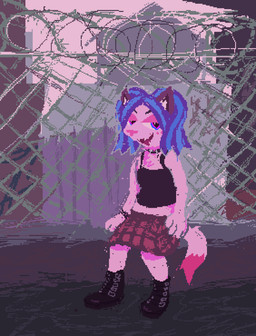 alternative_fashion anthro blue_hair bottomwear clothing detailed_background female fence fur hair open_mouth open_smile pattern_bottomwear pattern_clothing pattern_skirt pink_body pink_fur pink_nose plaid plaid_bottomwear plaid_clothing plaid_skirt punk skirt smile solo toony demensa domestic_cat felid feline felis mammal 2025 digital_media_(artwork) hi_res pixel_(artwork)